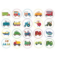 TRANSPORTER20 set 20 mini discuri de vafa decupate caketoppers cu diverse masini si mijloace de transport D5cm